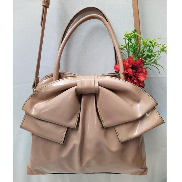 Valentino Lucca Dome Glossy Blush Beige Patent Leather Bow Satchel Shoulder Bag - Picture 1 of 16